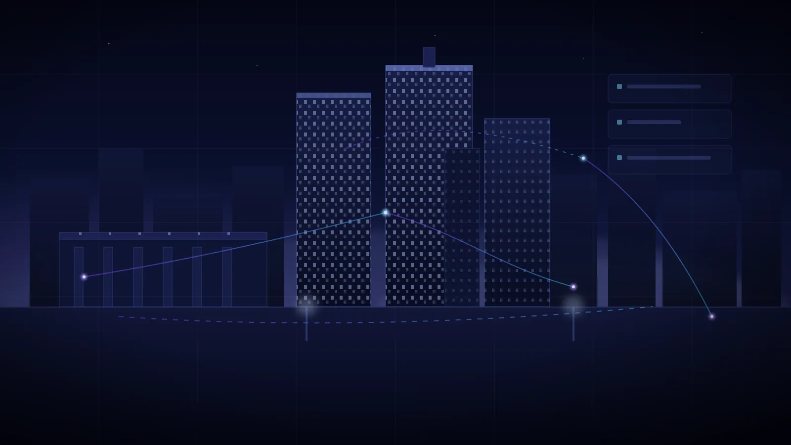 Illustration: an institutional city skyline at night behind a colonnaded plaza, with faint lineage rails running between lit facades.