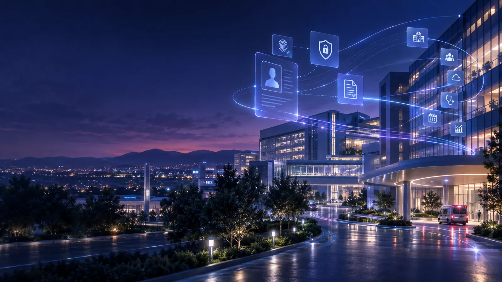Illustration: a hospital campus at dusk, with record, consent, identity and access icons linked by light paths running into the building.