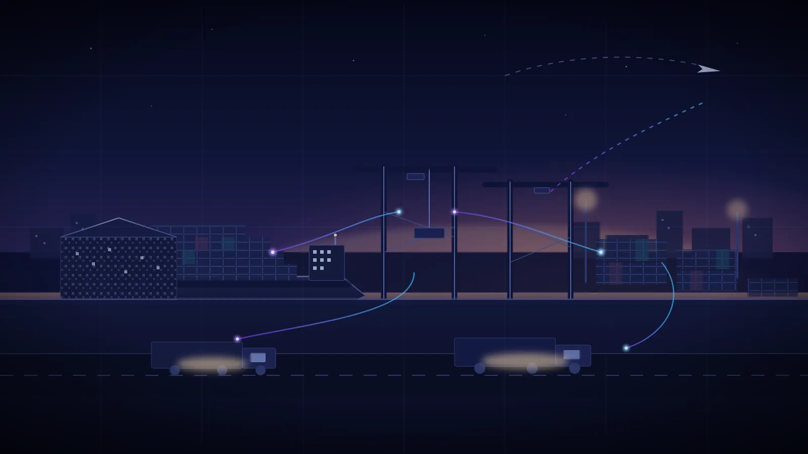 Illustration: a container port at dusk with gantry cranes, stacked containers, road freight and an aircraft, threaded with luminous event paths between them.