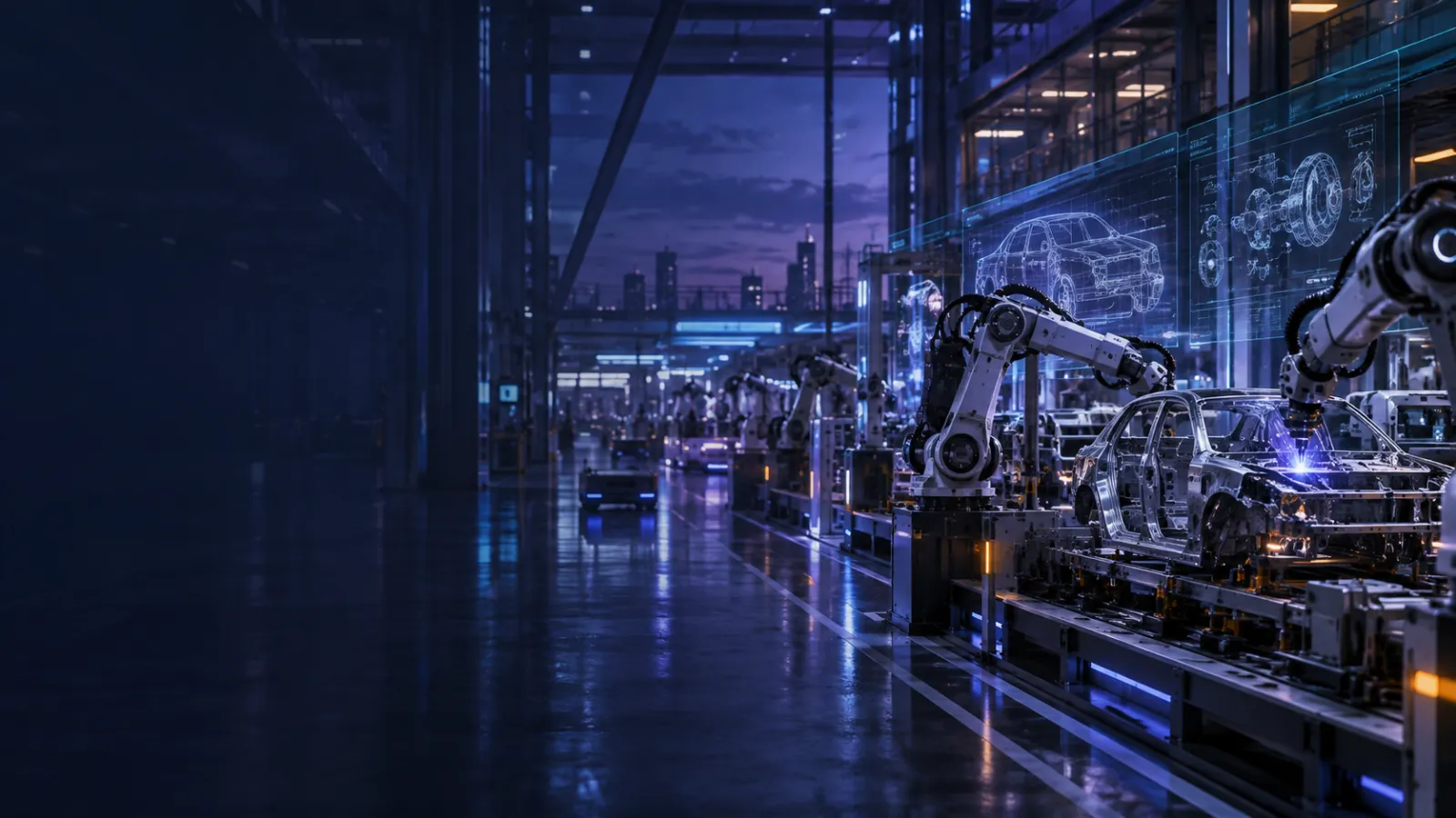 Illustration: a night-lit assembly hall with robotic arms working along a line, and an engineering wireframe projected on the glass wall above them.
