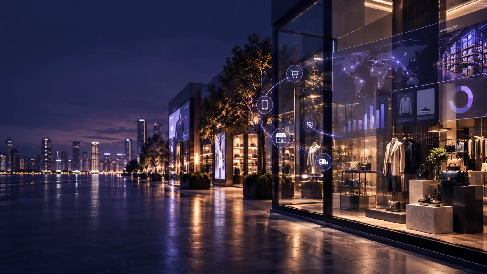 Illustration: a lit storefront on a waterfront street at night, with store, cart, device and delivery icons linked across a glass panel beside it.