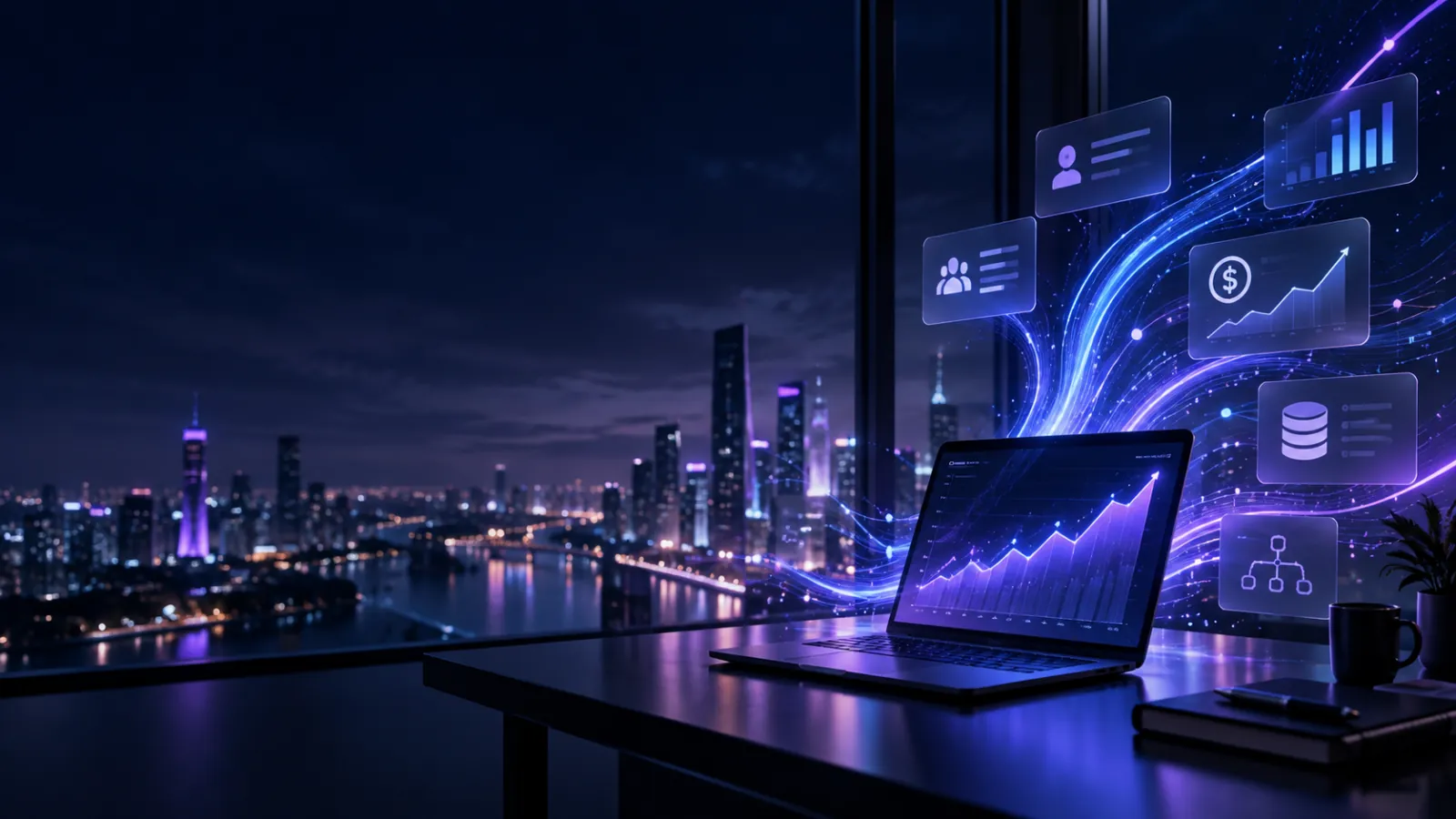Illustration: a laptop on a desk above a night skyline, with account, usage, revenue and storage panels streaming out of its screen.