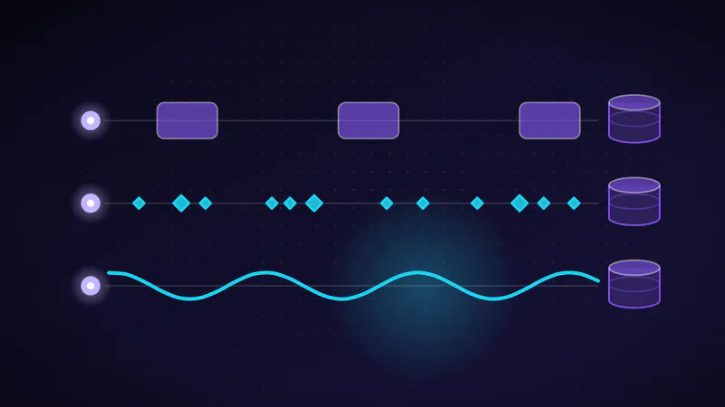 Illustration: three data lanes carrying periodic batches, individual change events and a continuous stream.
