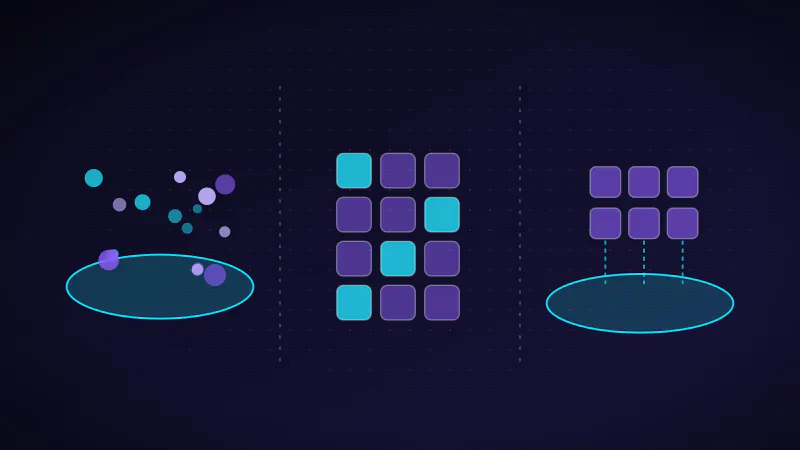 Illustration: scattered raw data in a lake, ordered tables in a warehouse, and tables layered over a lake.