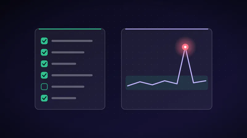 Illustration: a checklist of data quality rules beside a monitoring chart that flags an anomaly.