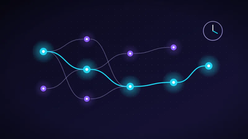 Illustration: a directed task graph with one dependency path highlighted and a schedule clock.