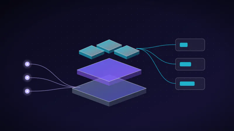 Illustration: staging, core and mart layers stacked in a warehouse, serving downstream reports.