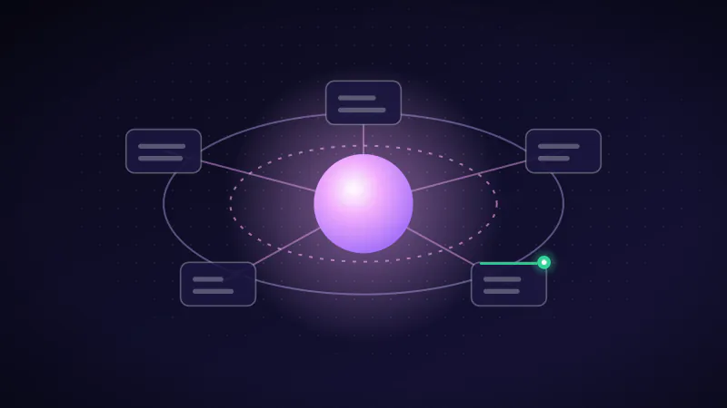 Illustration: a generative model at the centre of enterprise workflows, with one review checkpoint.