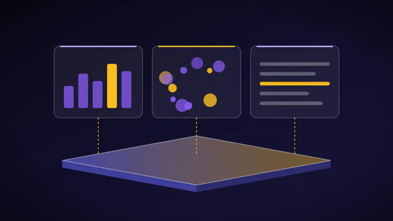 Illustration: three differently styled dashboards all built on one shared semantic layer.