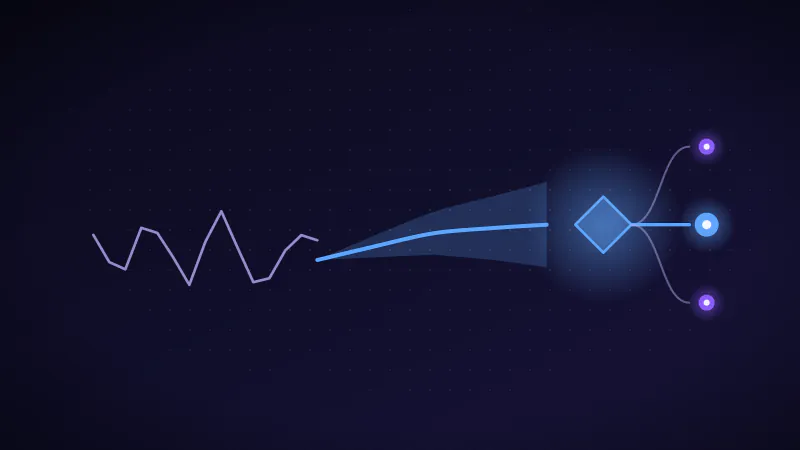 Illustration: a noisy signal becoming a forecast with a confidence band, leading to a decision.