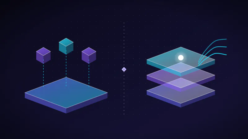Illustration: separate compute clusters over shared storage, beside a layered lakehouse fed by streaming data.