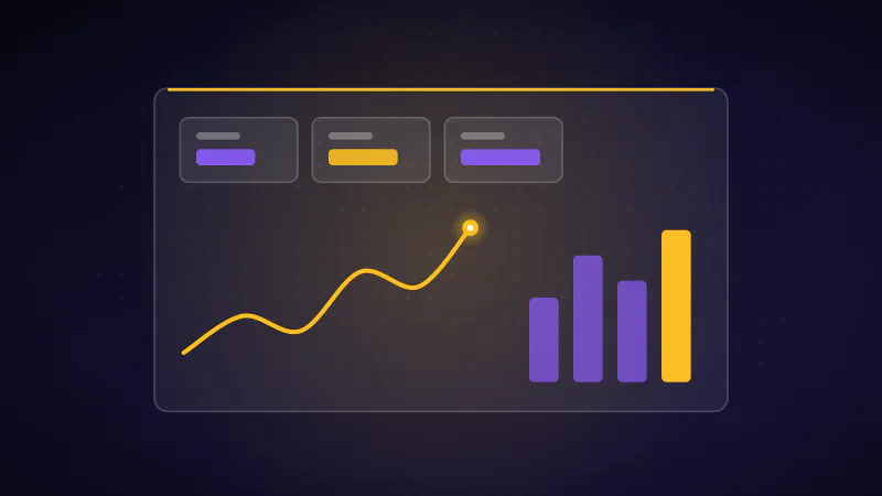 Illustration: a business dashboard with KPI tiles, a trend line and a bar chart.