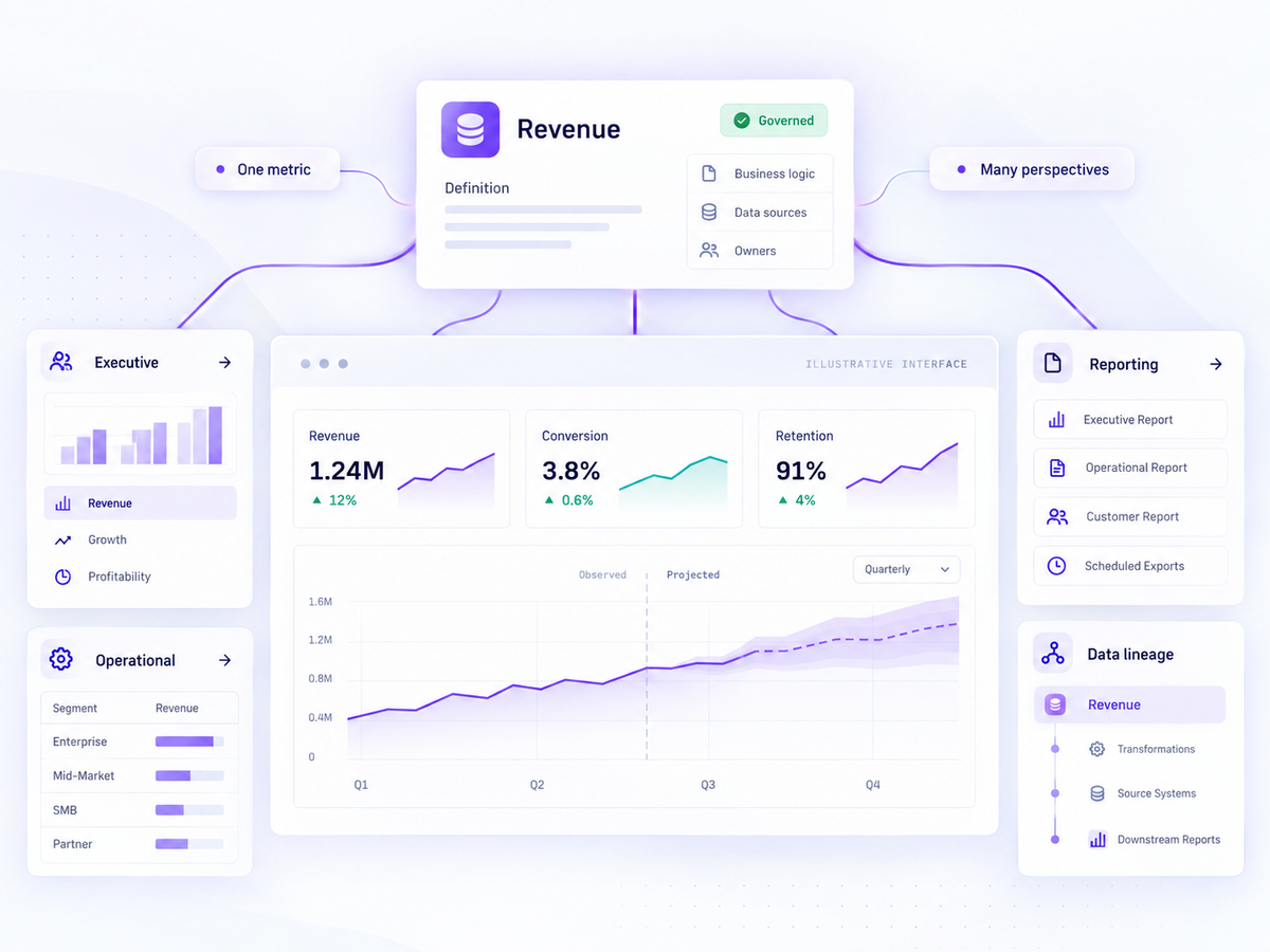 Illustrative governed business intelligence interface connecting a revenue definition to executive, operational and reporting views.